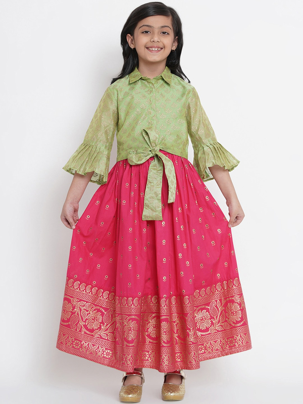 Girl's Fuchsia Pink & Green Lehenga & Blouse Set  - NOZ2TOZ KIDS