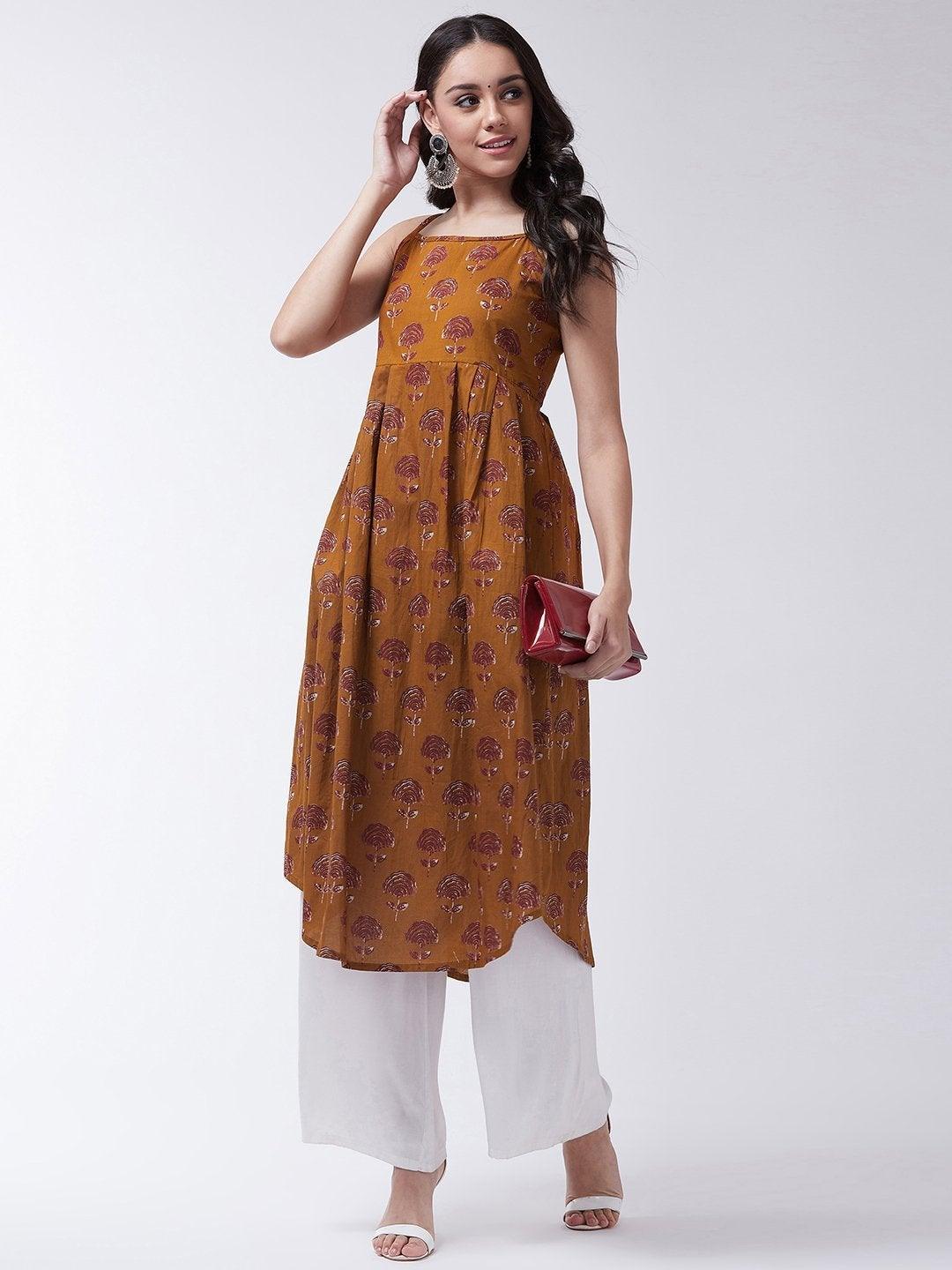 Women's Mud Maroon Print Strappy Kurta - InWeave - Indiakreations