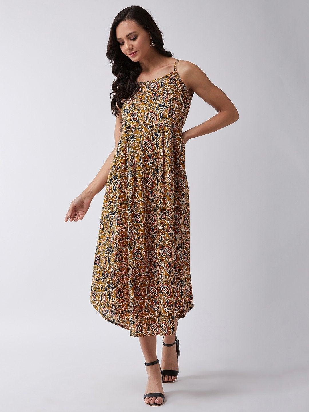 Women's Mustard Kalamkari Jaal Print Strappy Dress - InWeave - Indiakreations