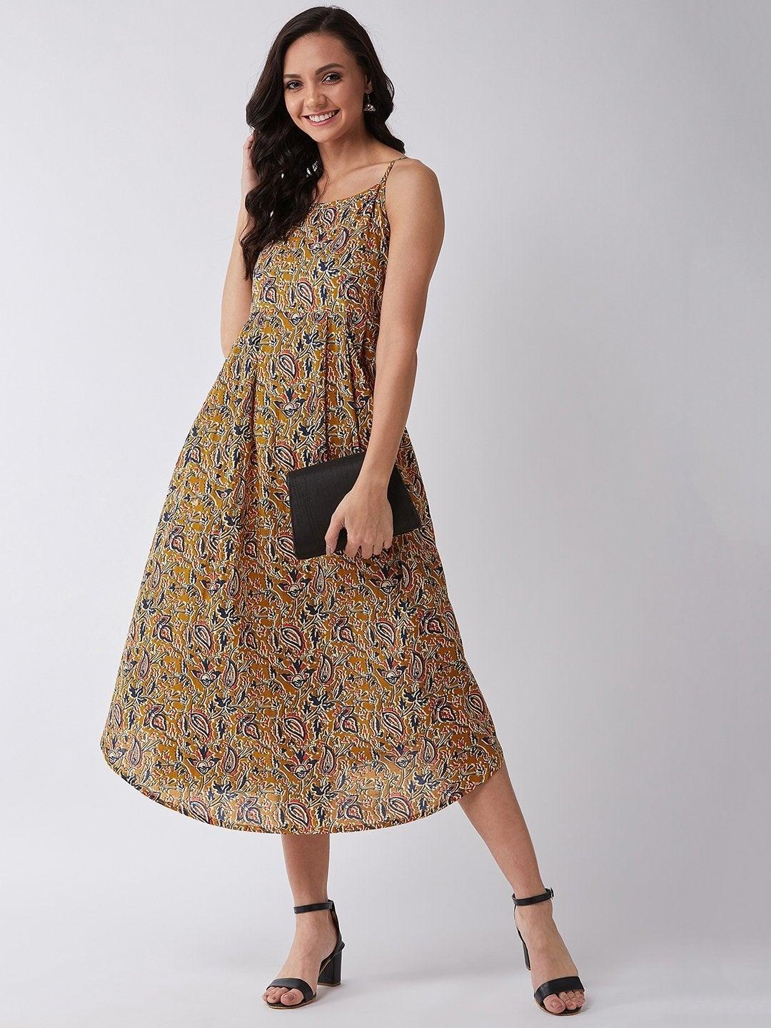 Women's Mustard Kalamkari Jaal Print Strappy Dress - InWeave - Indiakreations