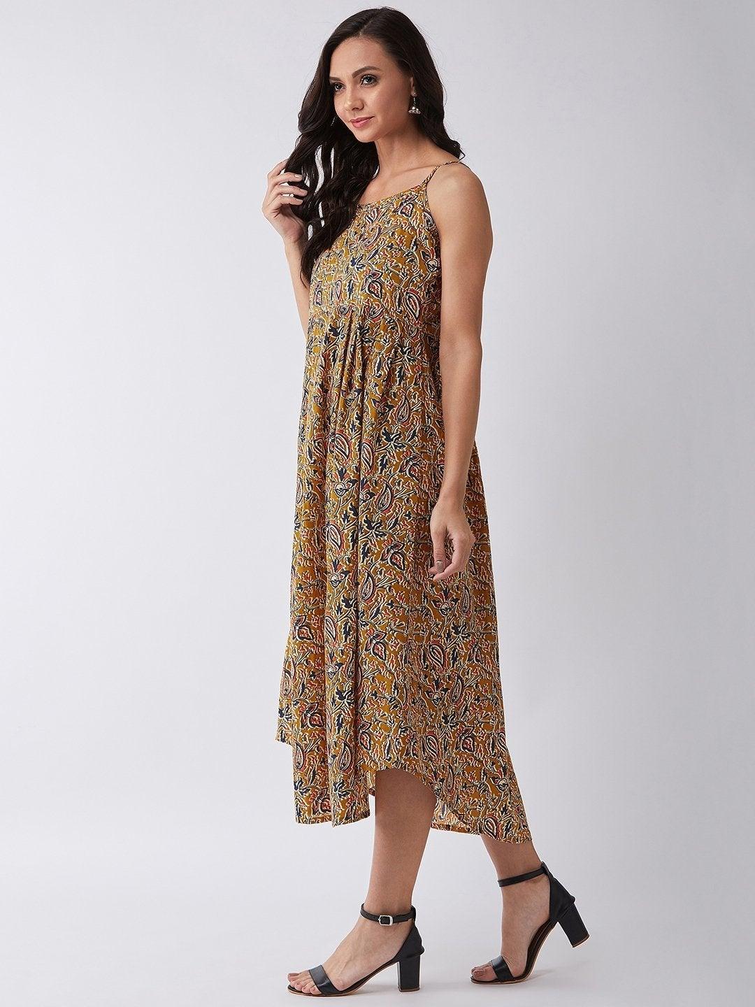 Women's Mustard Kalamkari Jaal Print Strappy Dress - InWeave - Indiakreations