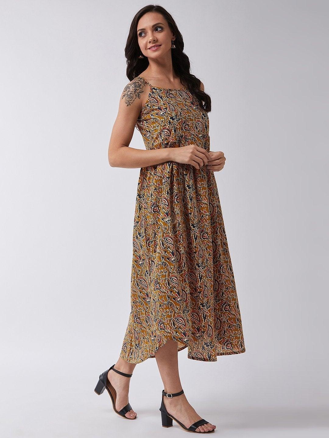 Women's Mustard Kalamkari Jaal Print Strappy Dress - InWeave - Indiakreations