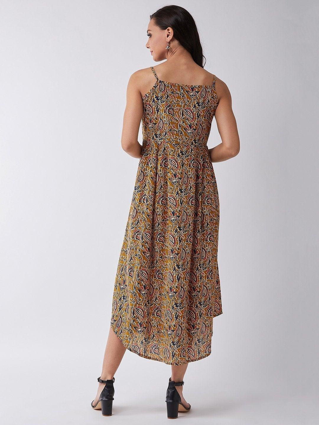 Women's Mustard Kalamkari Jaal Print Strappy Dress - InWeave - Indiakreations