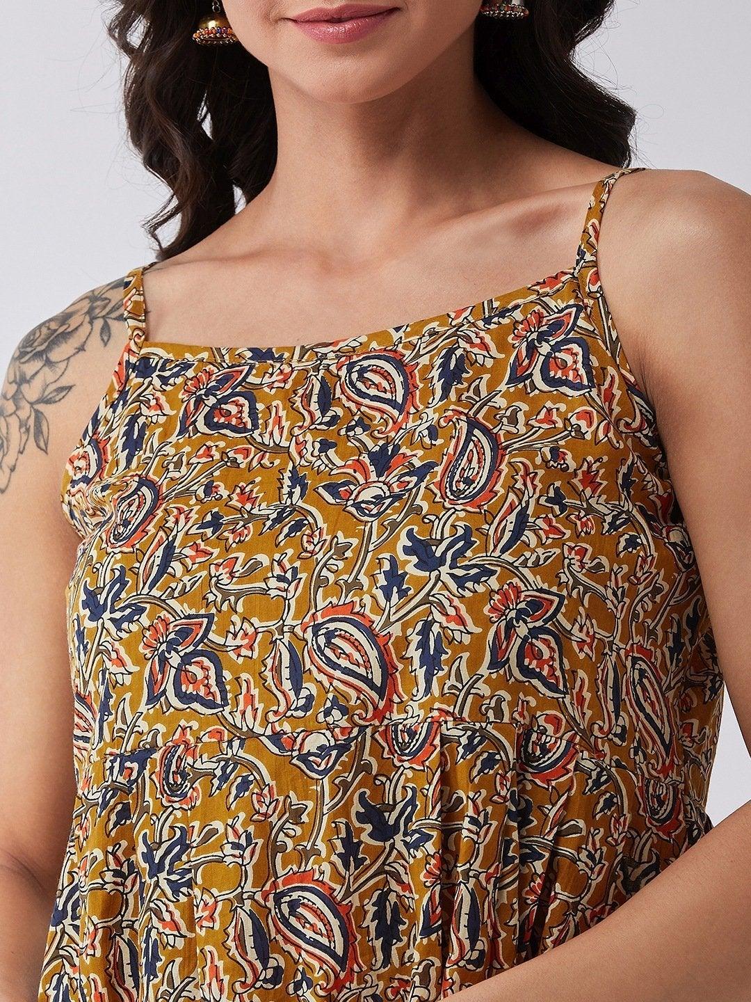 Women's Mustard Kalamkari Jaal Print Strappy Dress - InWeave - Indiakreations