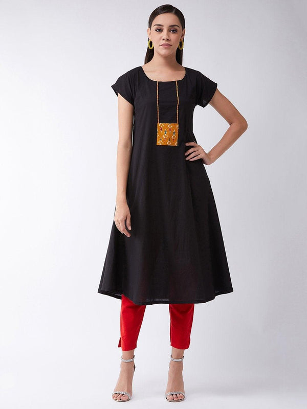 Women's Black Cotton Kurta With Mustard Patch - InWeave - Indiakreations