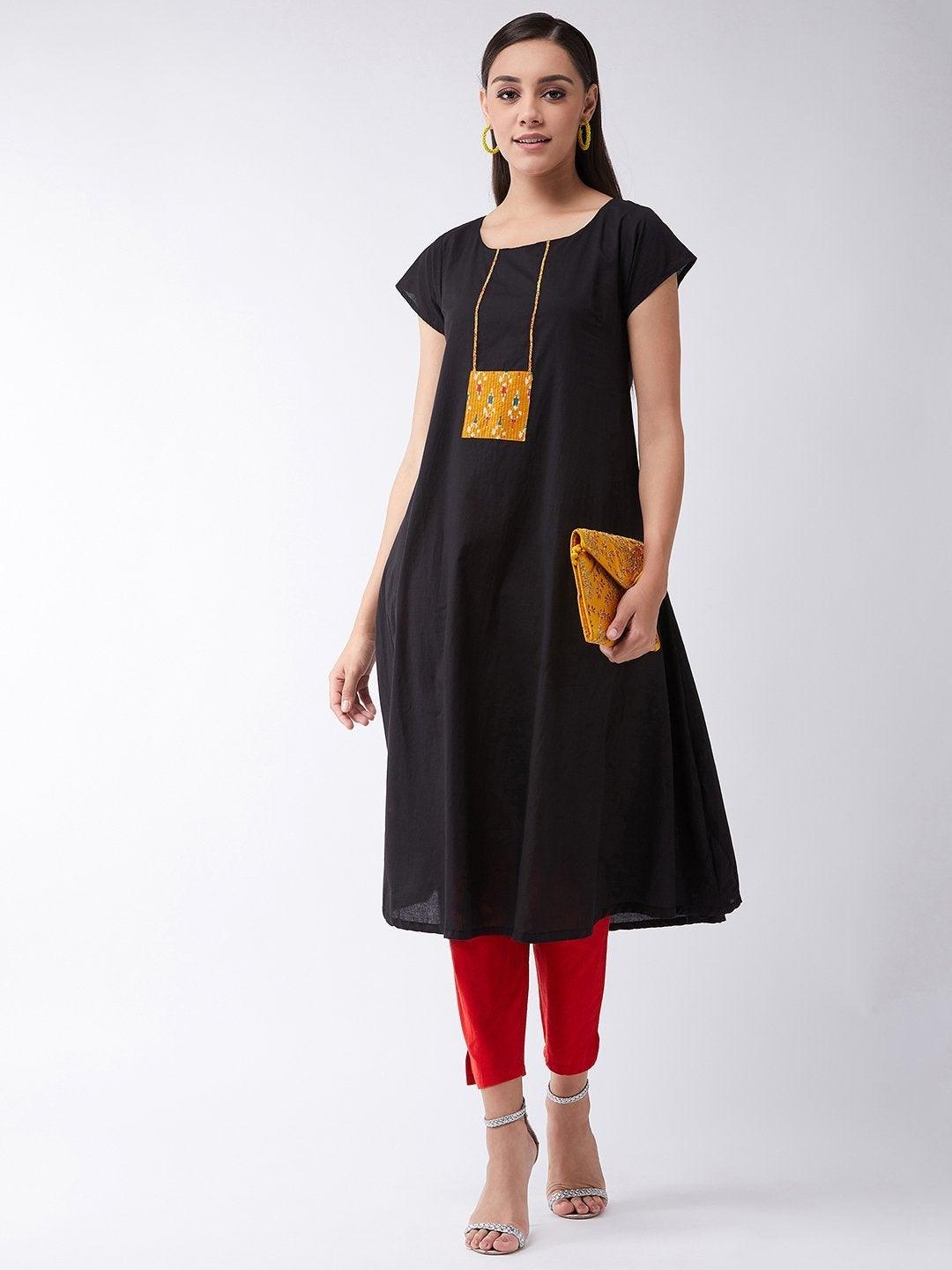 Women's Black Cotton Kurta With Mustard Patch - InWeave - Indiakreations