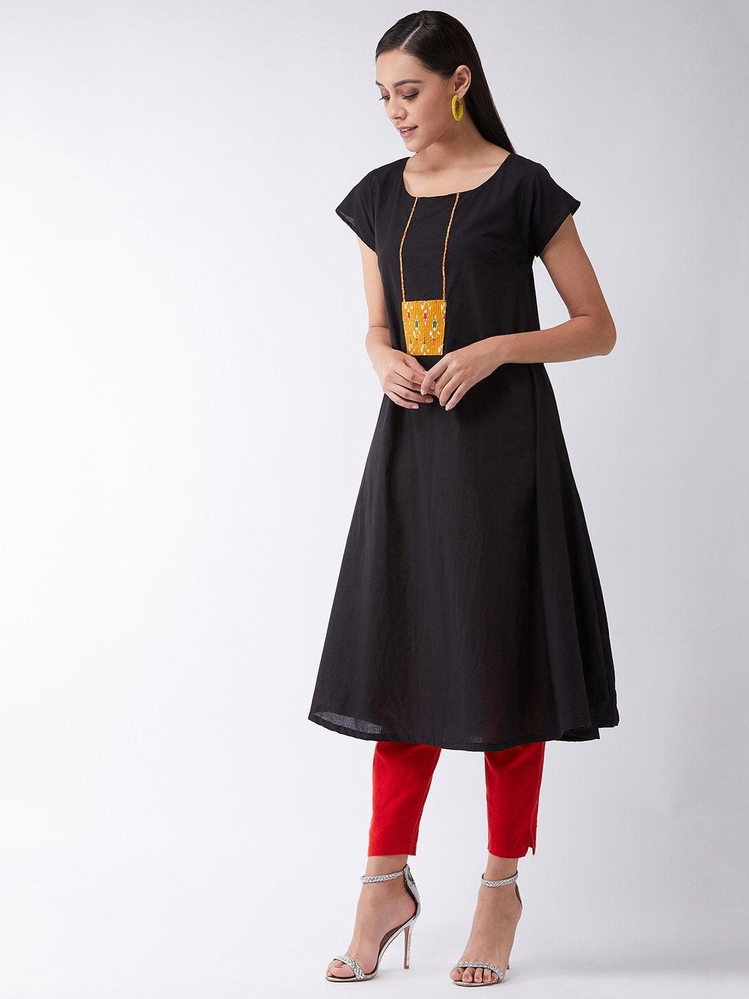 Women's Black Cotton Kurta With Mustard Patch - InWeave - Indiakreations