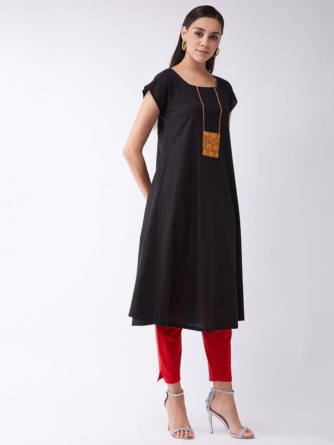 Women's Black Cotton Kurta With Mustard Patch - InWeave - Indiakreations