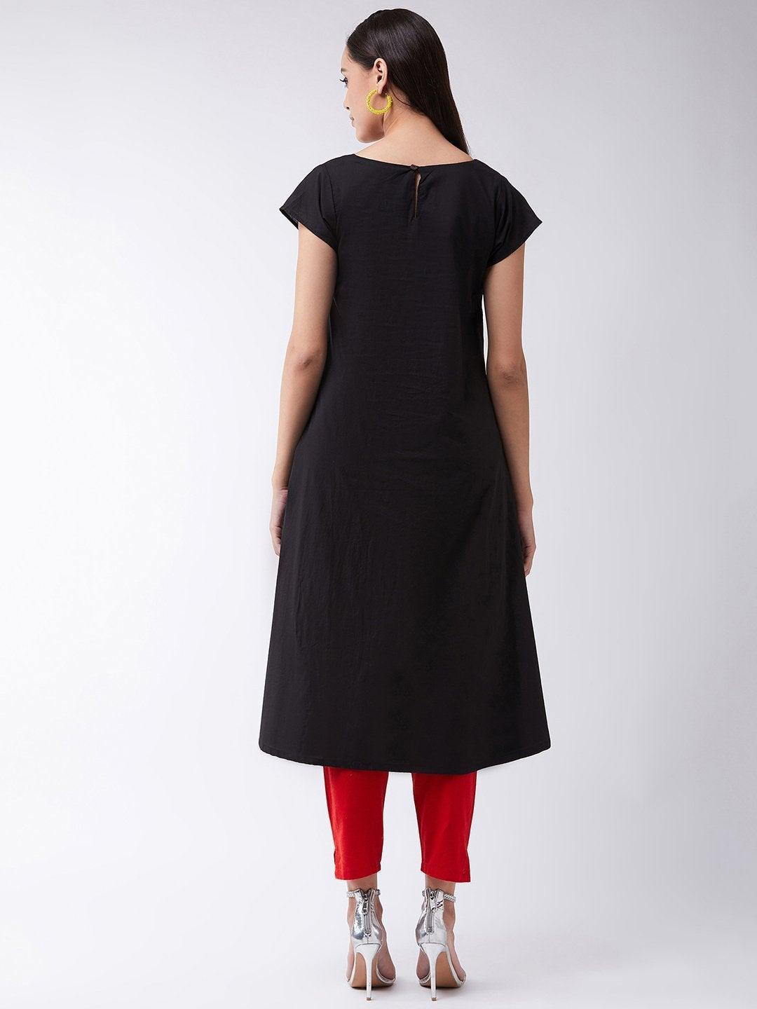 Women's Black Cotton Kurta With Mustard Patch - InWeave - Indiakreations