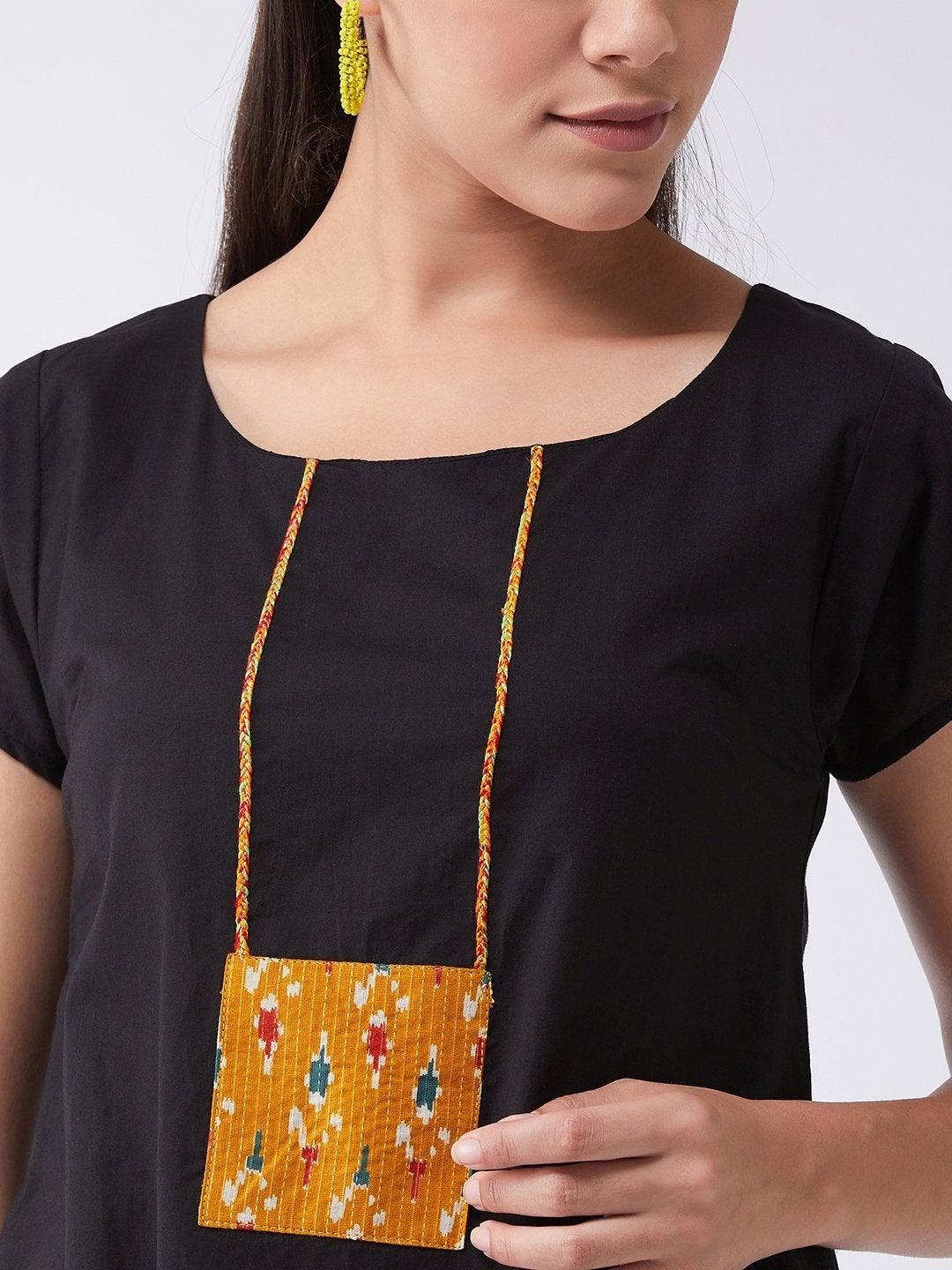 Women's Black Cotton Kurta With Mustard Patch - InWeave - Indiakreations