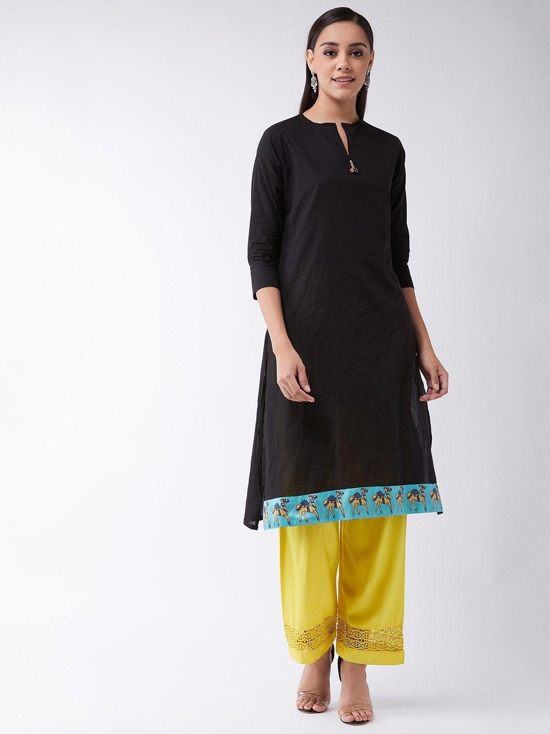 Women's Black Kurta With Camel Border - InWeave - Indiakreations