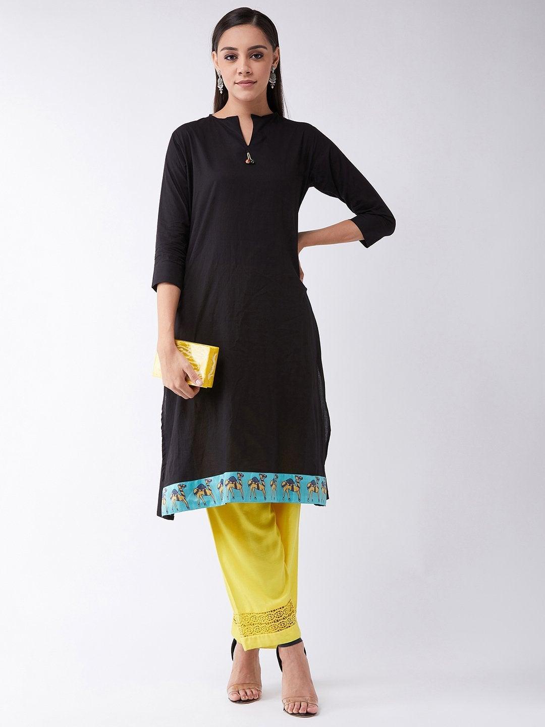 Women's Black Kurta With Camel Border - InWeave - Indiakreations