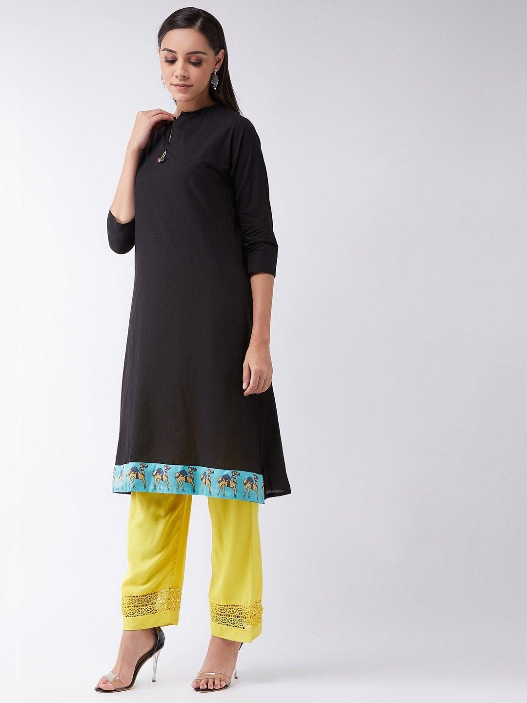 Women's Black Kurta With Camel Border - InWeave - Indiakreations