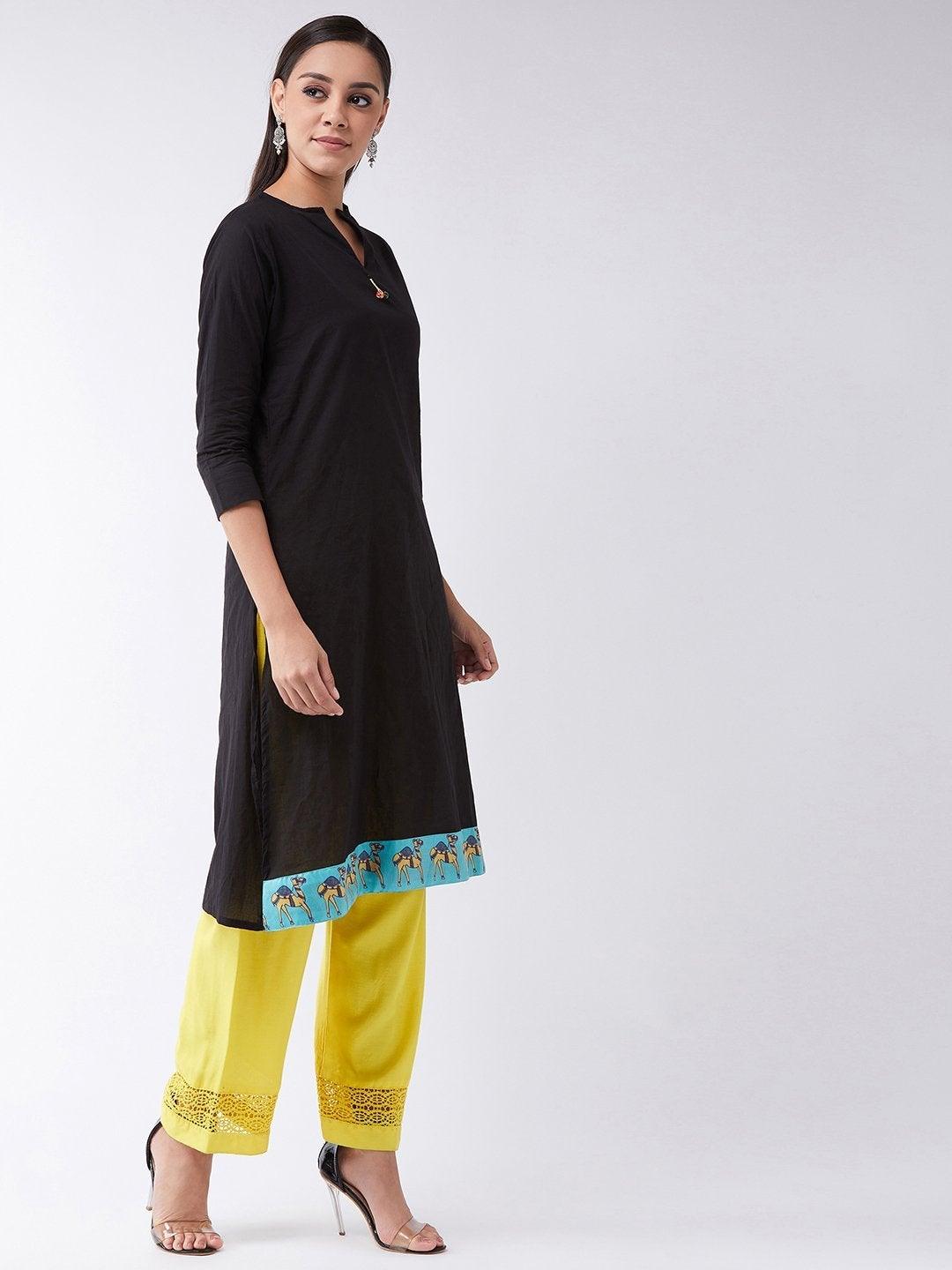 Women's Black Kurta With Camel Border - InWeave - Indiakreations