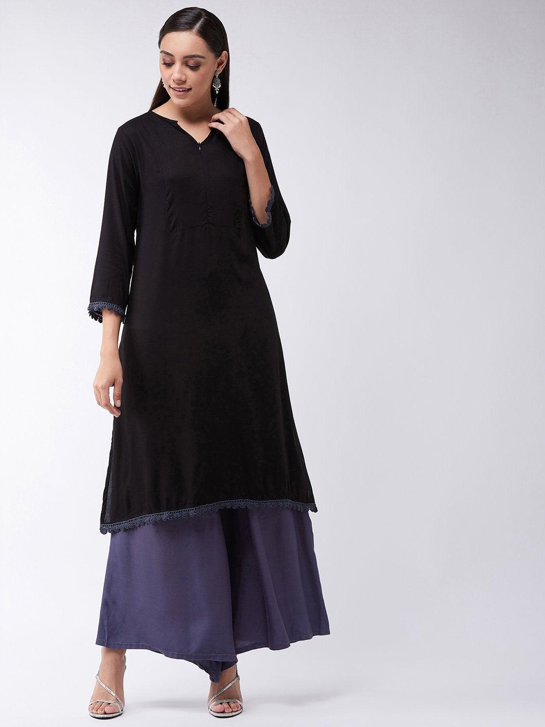 Women's Black Kurta With Grey Lace - InWeave - Indiakreations