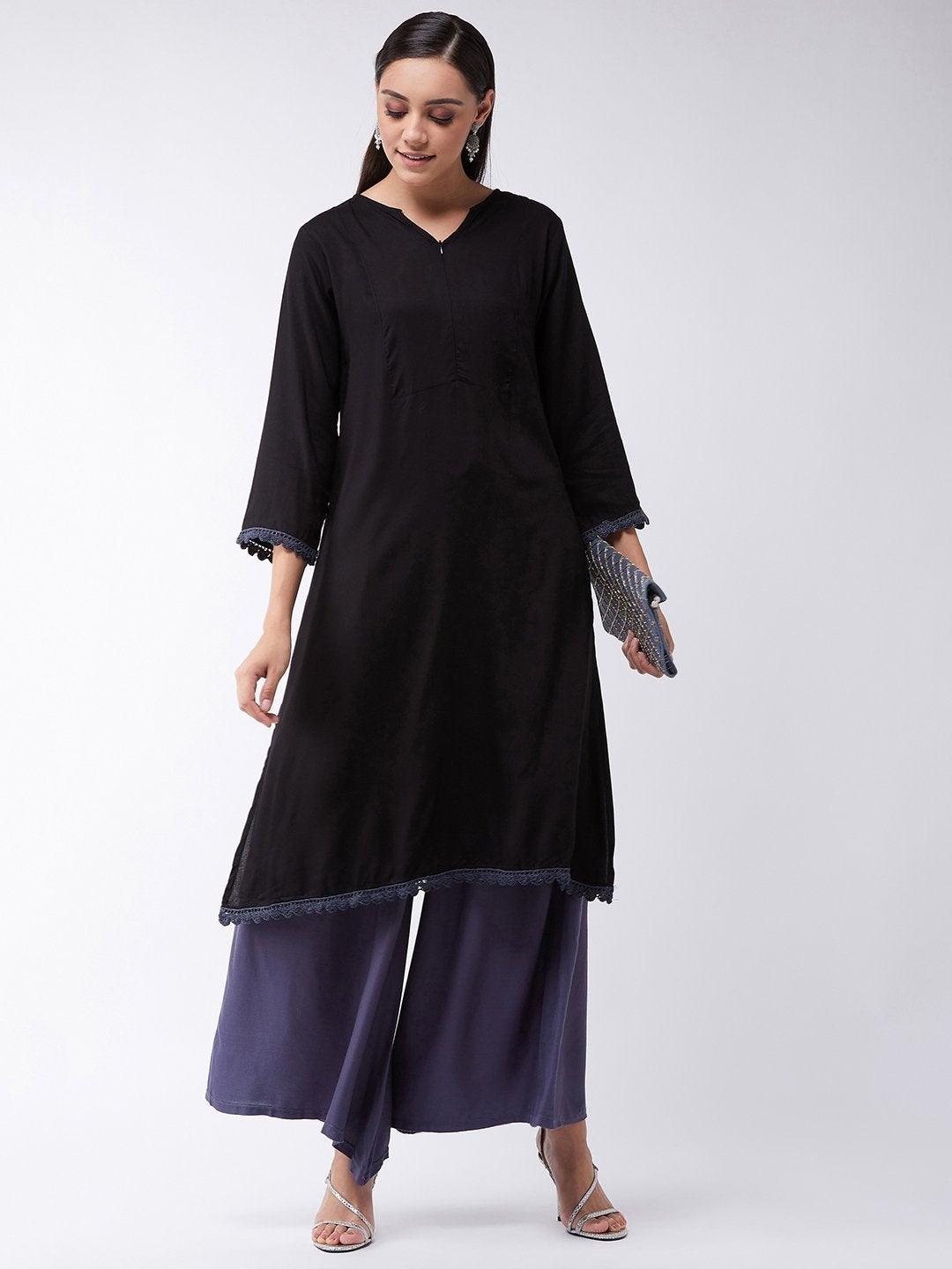 Women's Black Kurta With Grey Lace - InWeave - Indiakreations