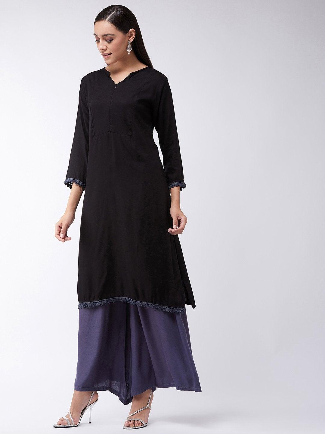 Women's Black Kurta With Grey Lace - InWeave - Indiakreations