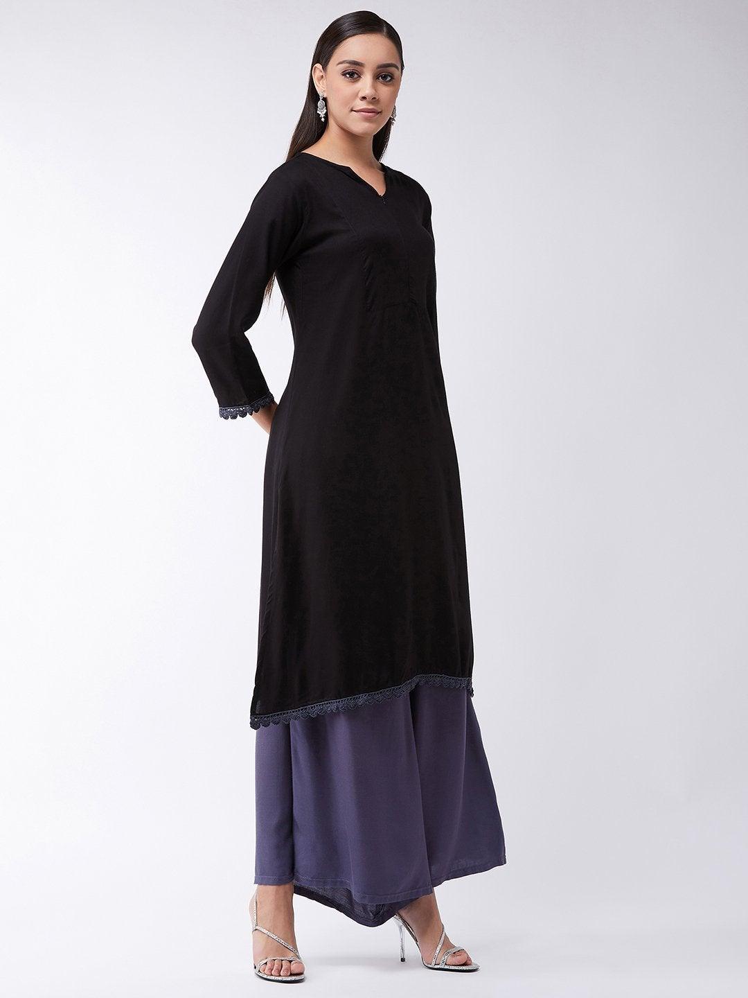 Women's Black Kurta With Grey Lace - InWeave - Indiakreations