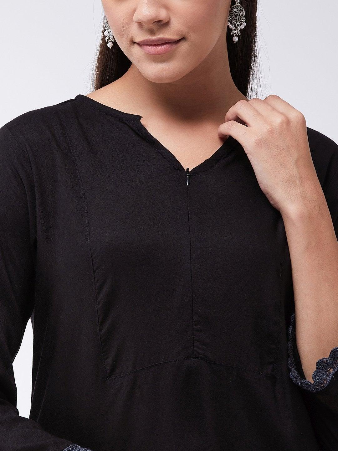 Women's Black Kurta With Grey Lace - InWeave - Indiakreations