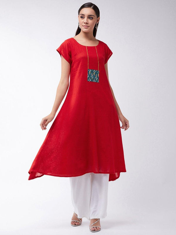 Women's Red Kurta With Green Patchwork - InWeave - Indiakreations