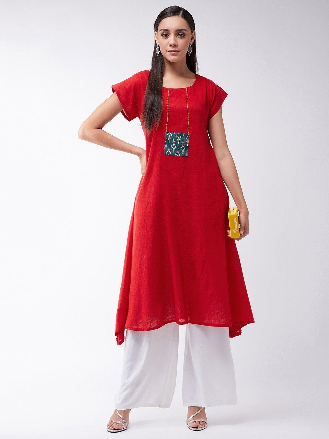 Women's Red Kurta With Green Patchwork - InWeave - Indiakreations