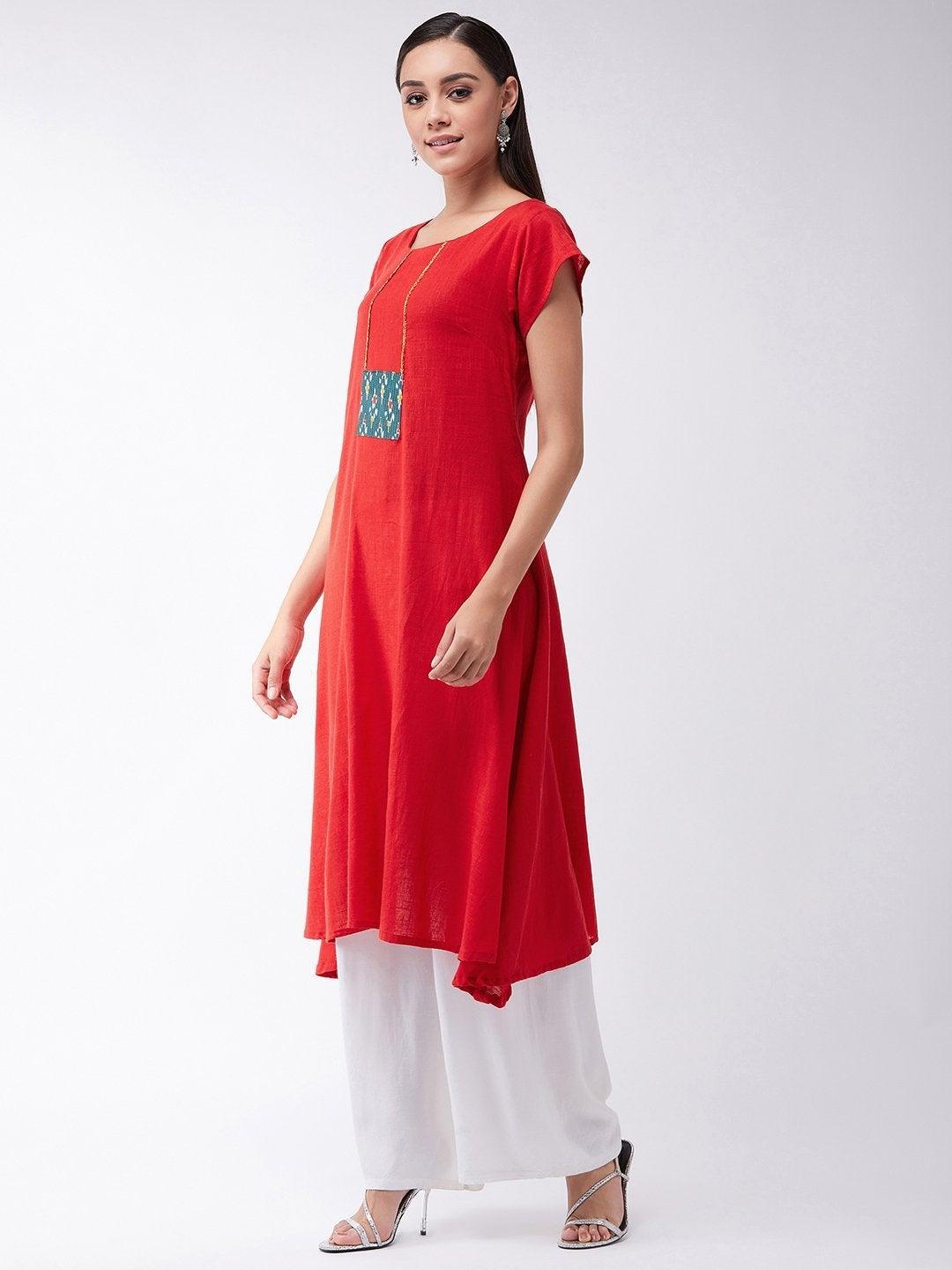 Women's Red Kurta With Green Patchwork - InWeave - Indiakreations