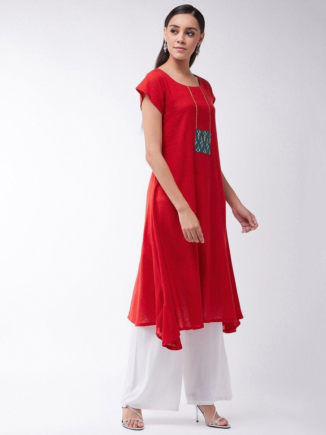 Women's Red Kurta With Green Patchwork - InWeave - Indiakreations