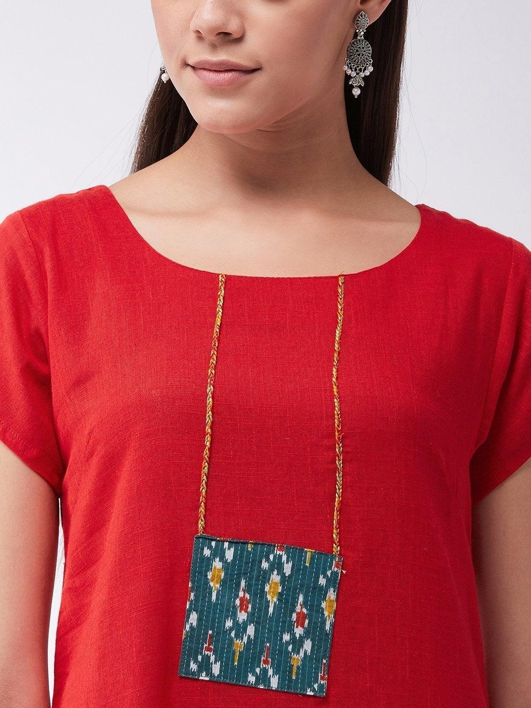 Women's Red Kurta With Green Patchwork - InWeave - Indiakreations