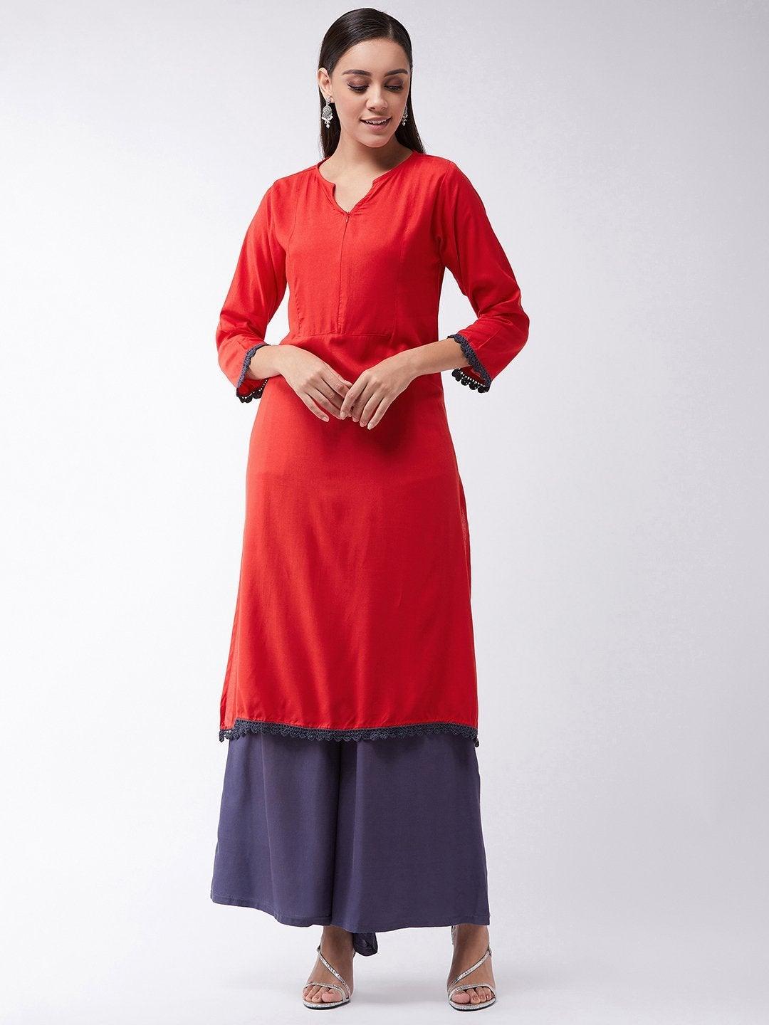 Women's Red Kurta With Grey Lace - InWeave - Indiakreations