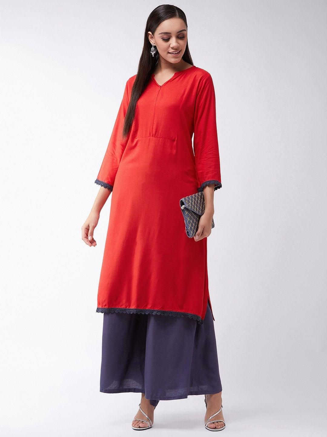 Women's Red Kurta With Grey Lace - InWeave - Indiakreations