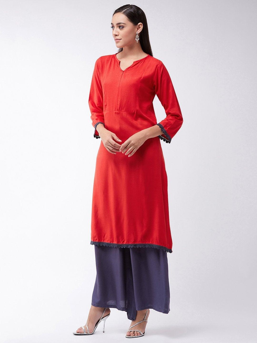 Women's Red Kurta With Grey Lace - InWeave - Indiakreations