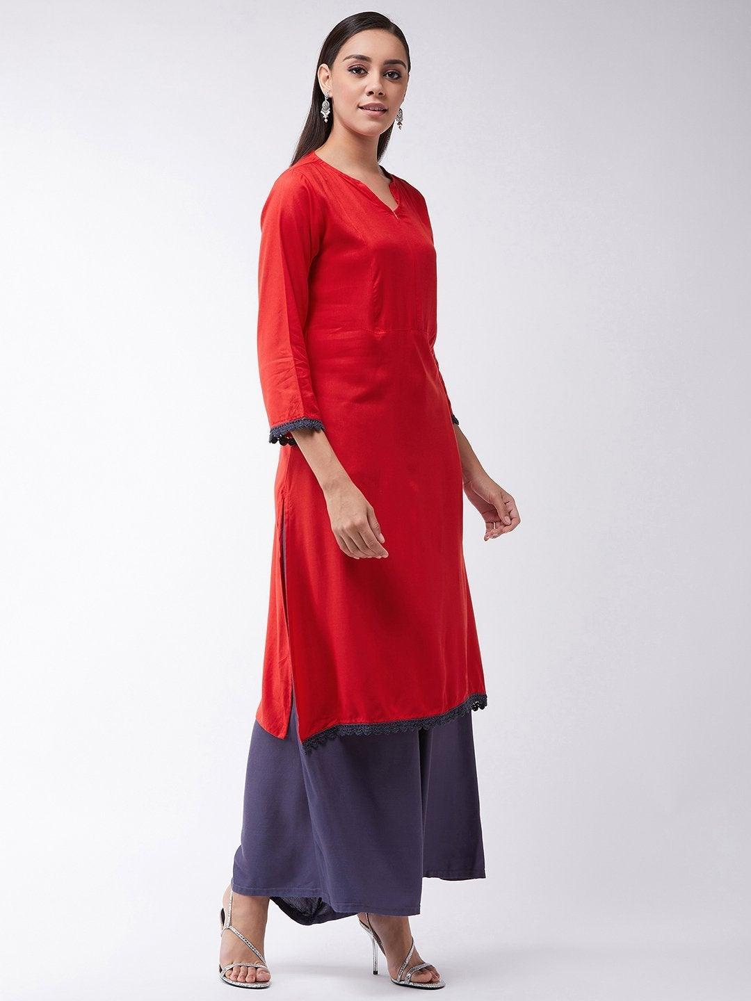 Women's Red Kurta With Grey Lace - InWeave - Indiakreations