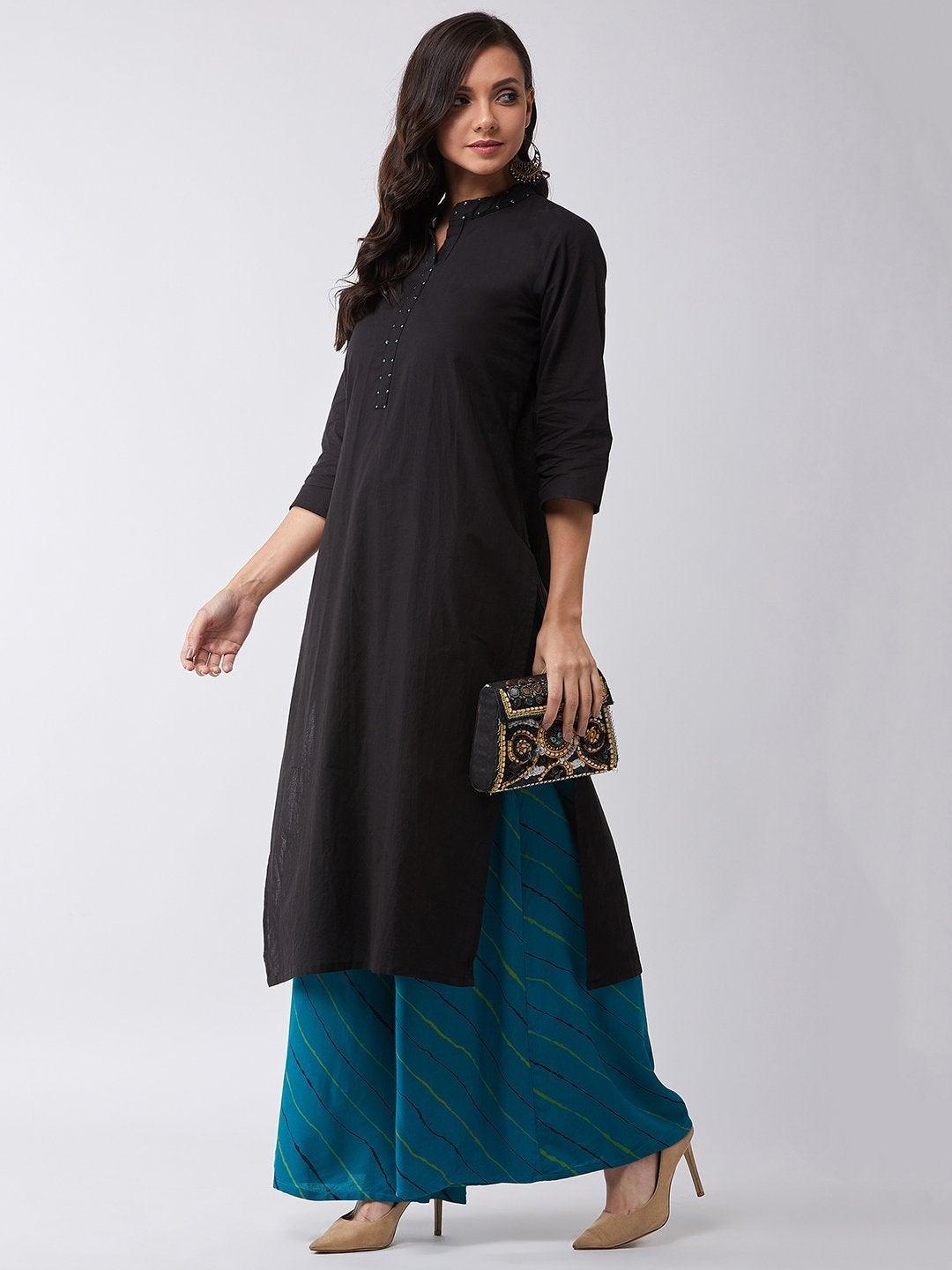 Women's Black Kurta With Blue Sequins Work - InWeave - Indiakreations