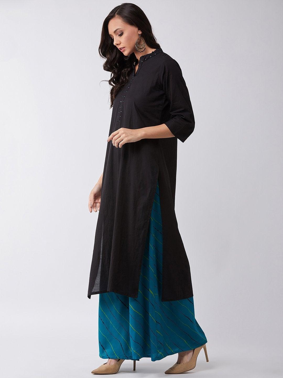 Women's Black Kurta With Blue Sequins Work - InWeave - Indiakreations