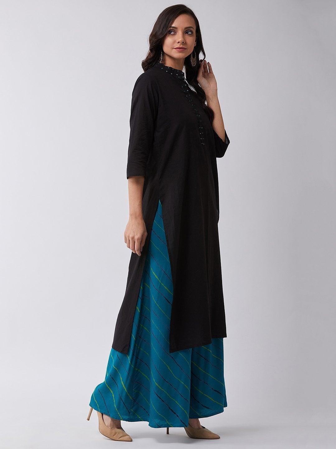 Women's Black Kurta With Blue Sequins Work - InWeave - Indiakreations