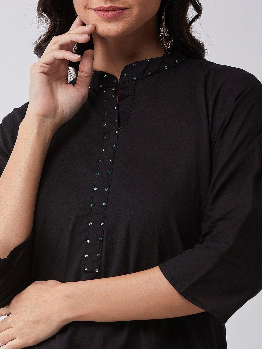 Women's Black Kurta With Blue Sequins Work - InWeave - Indiakreations