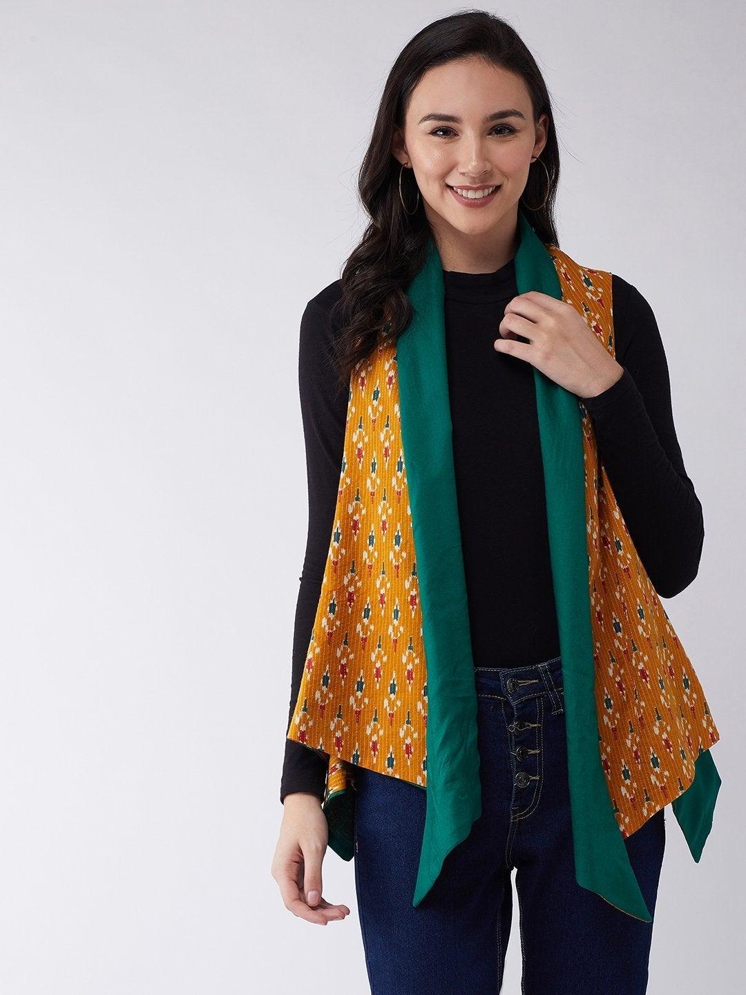 Women's Mustard Kantha Ikkat Reversible Shrug - InWeave - Indiakreations