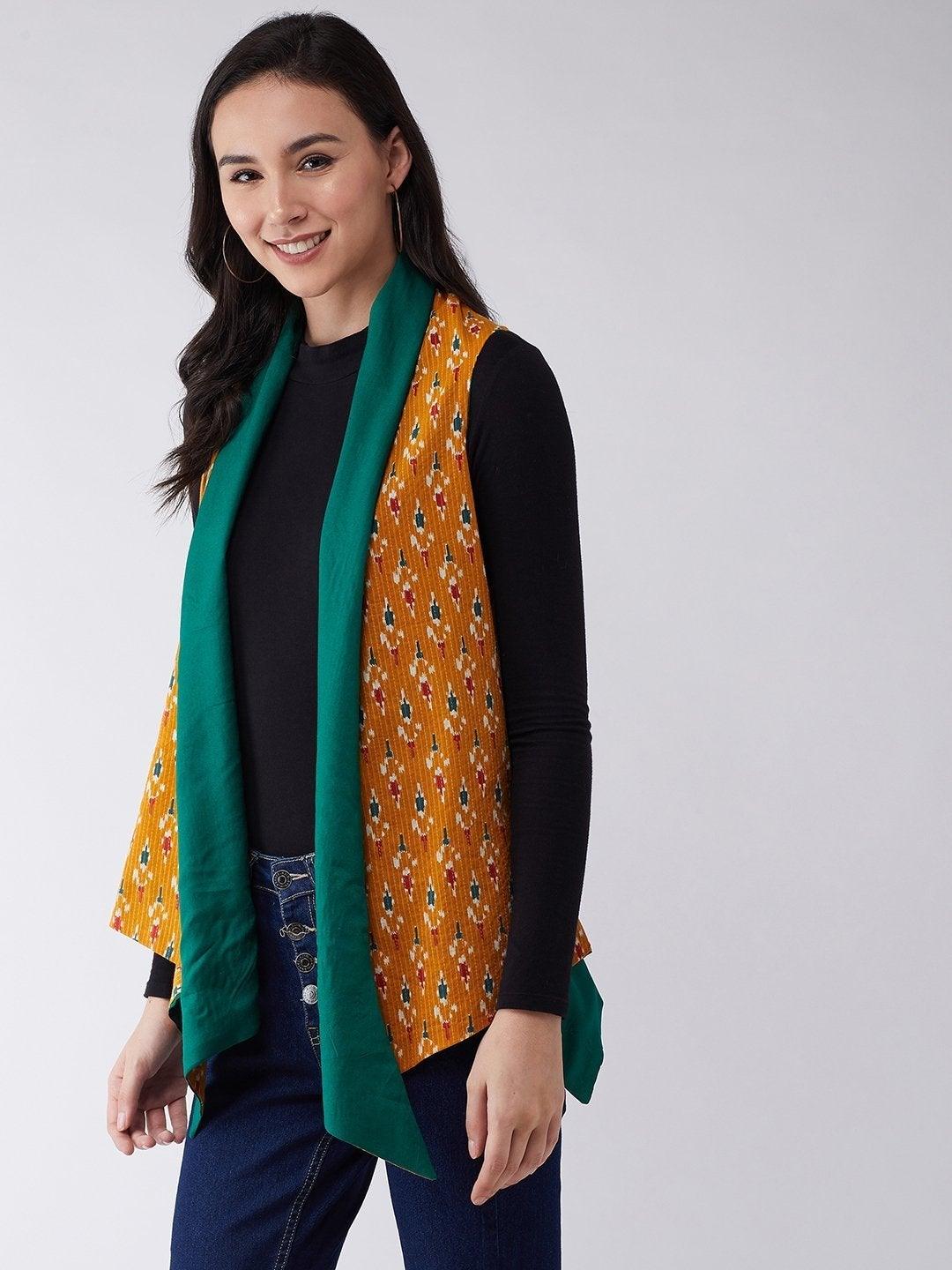 Women's Mustard Kantha Ikkat Reversible Shrug - InWeave - Indiakreations