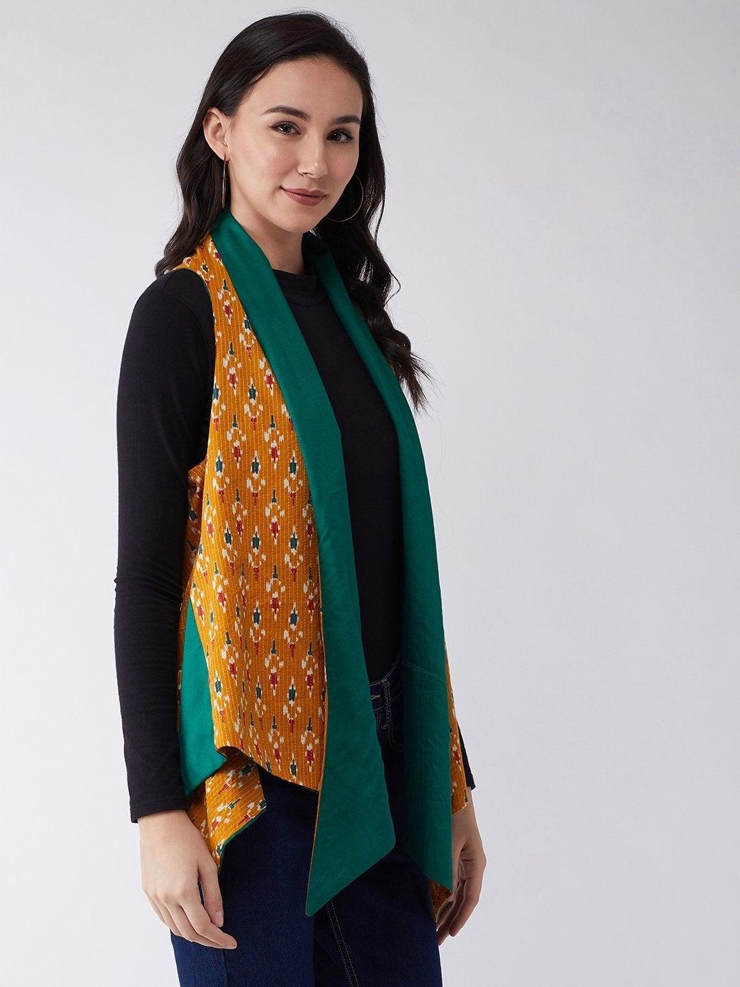 Women's Mustard Kantha Ikkat Reversible Shrug - InWeave - Indiakreations