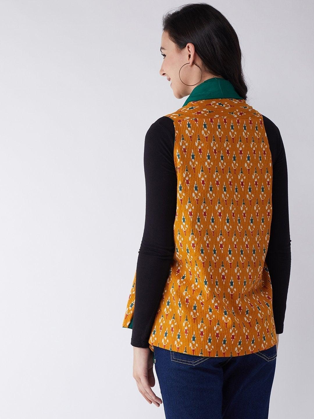 Women's Mustard Kantha Ikkat Reversible Shrug - InWeave - Indiakreations