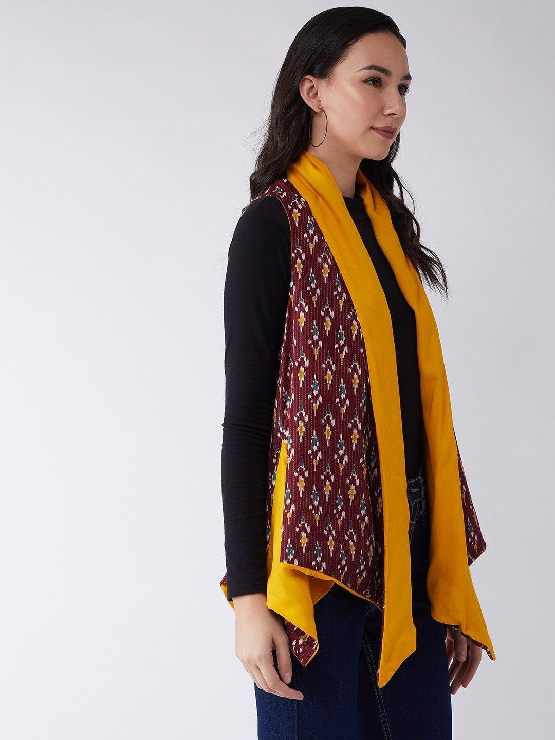 Women's Brown Kantha Ikkat Reversible Shrug - InWeave - Indiakreations