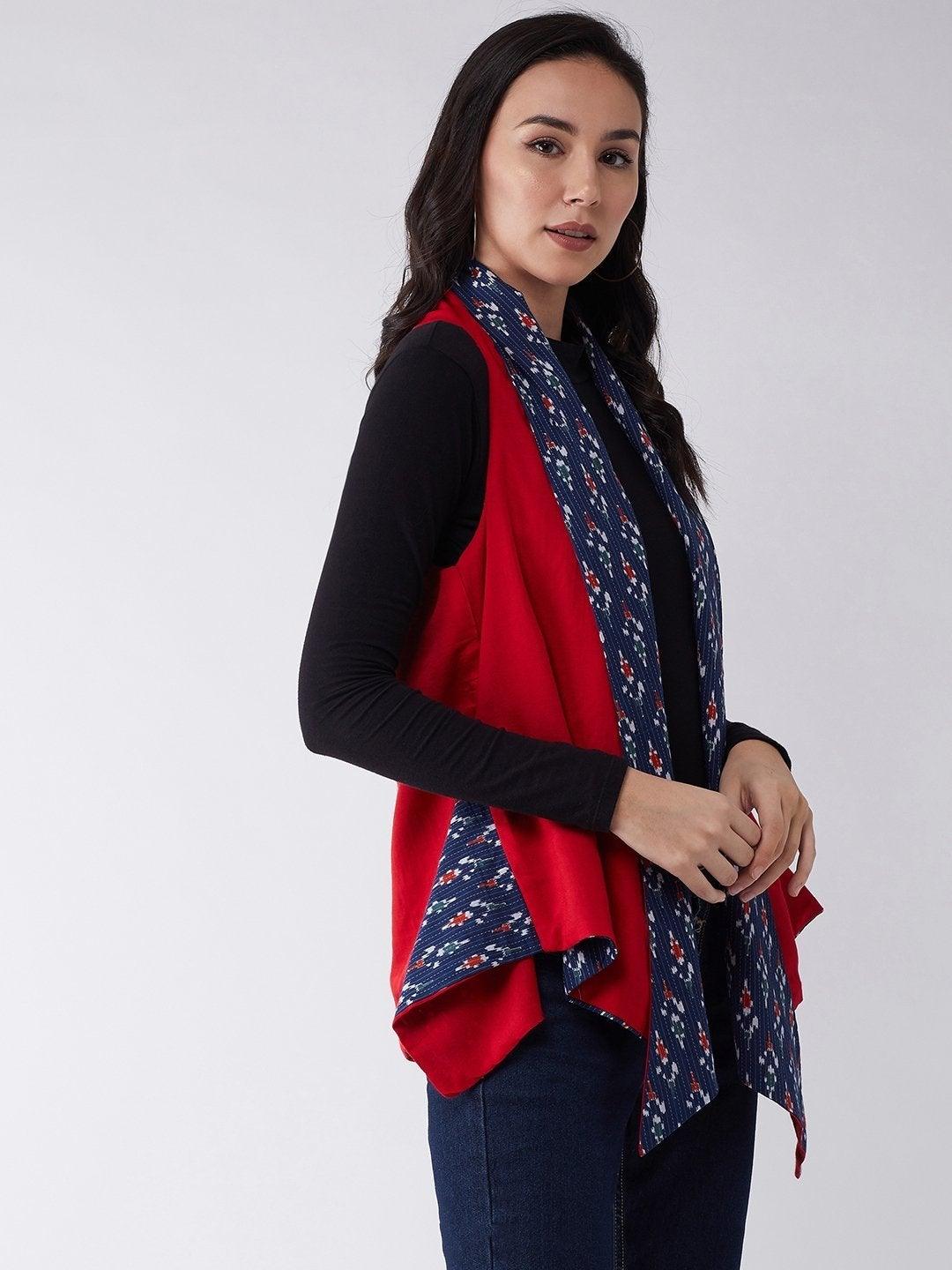 Women's Blue Kantha Ikkat Reversible Shrug - InWeave - Indiakreations