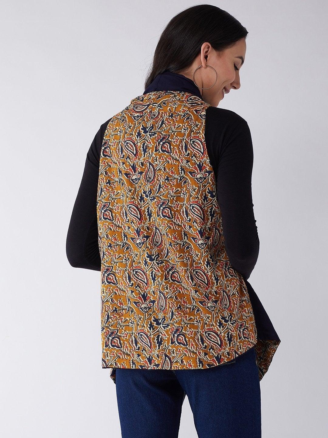 Women's Mustard Kalamkari Reversible Shrug - InWeave - Indiakreations