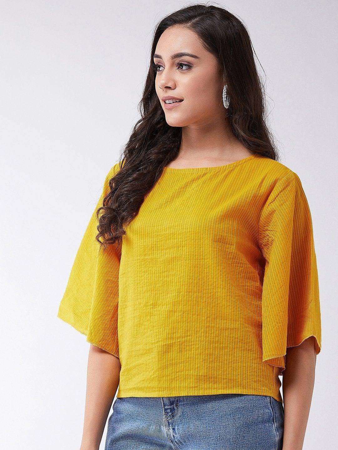 Women's Mustard Kantha Top - InWeave - Indiakreations