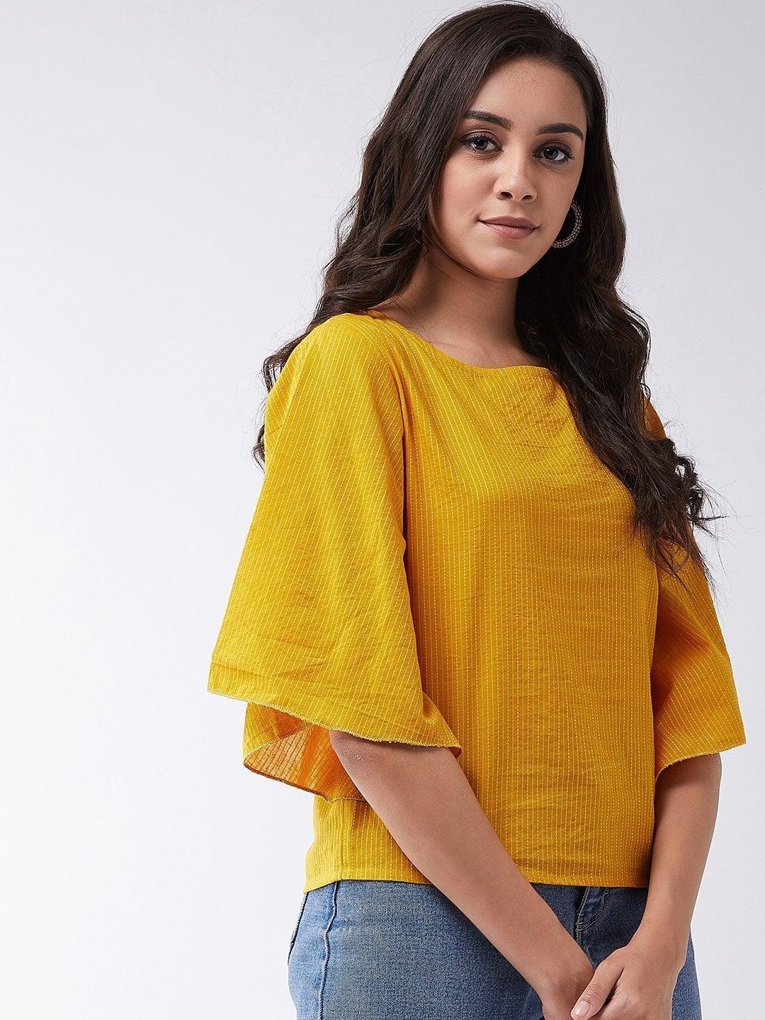 Women's Mustard Kantha Top - InWeave - Indiakreations