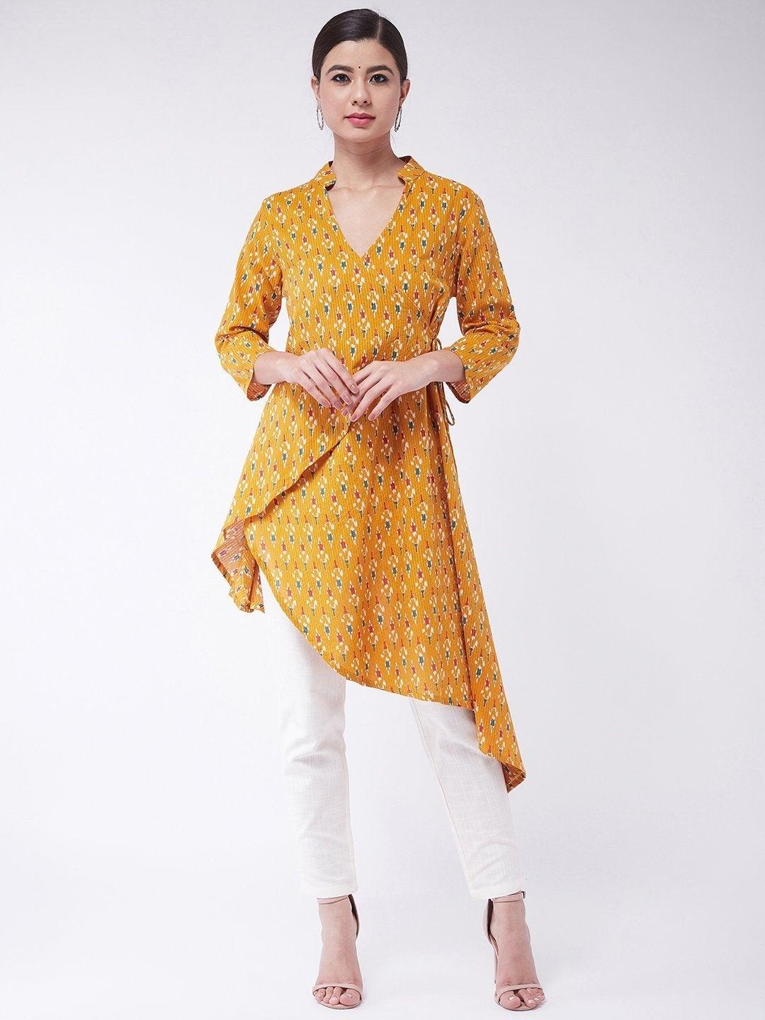 Women's Mustard Kantha Asymmetric Top - InWeave - Indiakreations