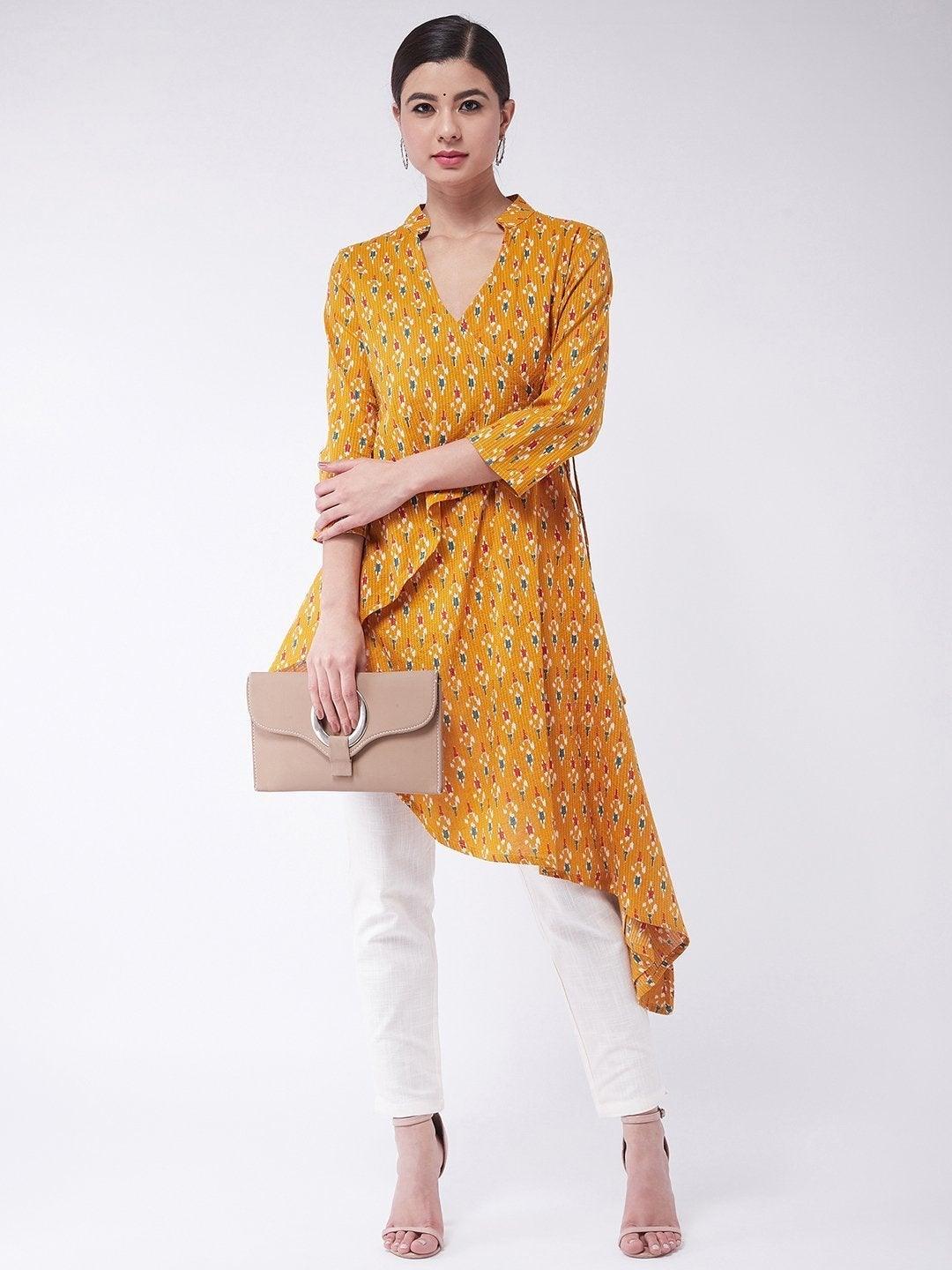 Women's Mustard Kantha Asymmetric Top - InWeave - Indiakreations