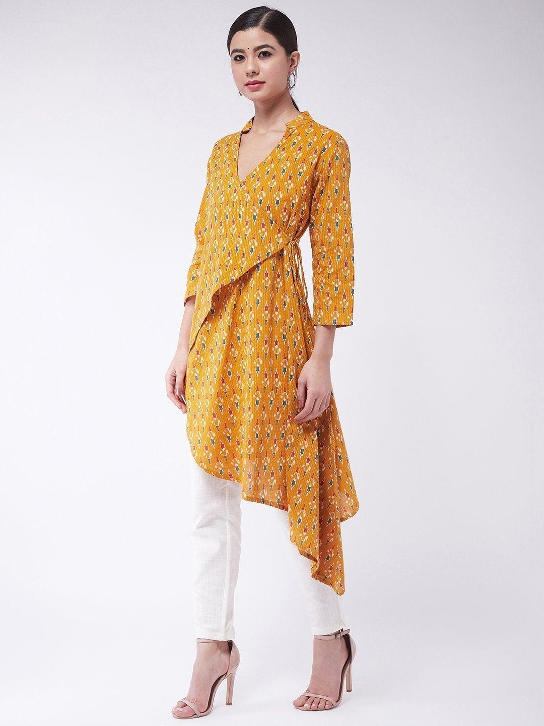 Women's Mustard Kantha Asymmetric Top - InWeave - Indiakreations