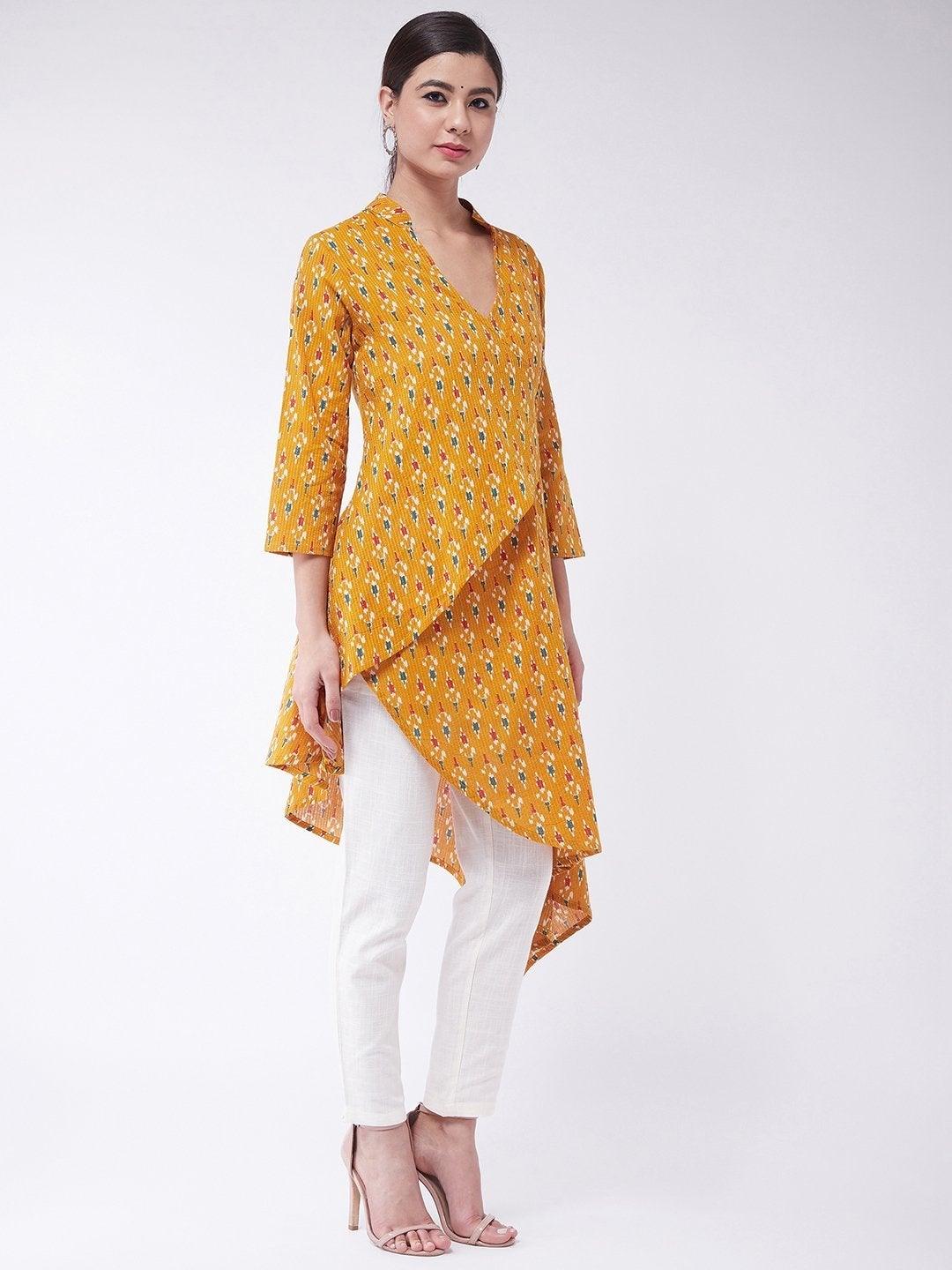 Women's Mustard Kantha Asymmetric Top - InWeave - Indiakreations