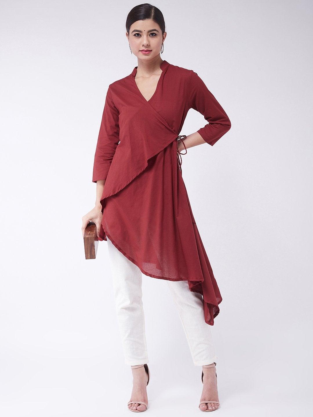 Women's Maroon Asymmetric Top - InWeave - Indiakreations